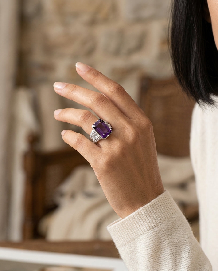 Amethyst And Diamond Semi Bezel Tulip Head Ring In 14k White Gold (0.99 Ctw) — editorial close-up