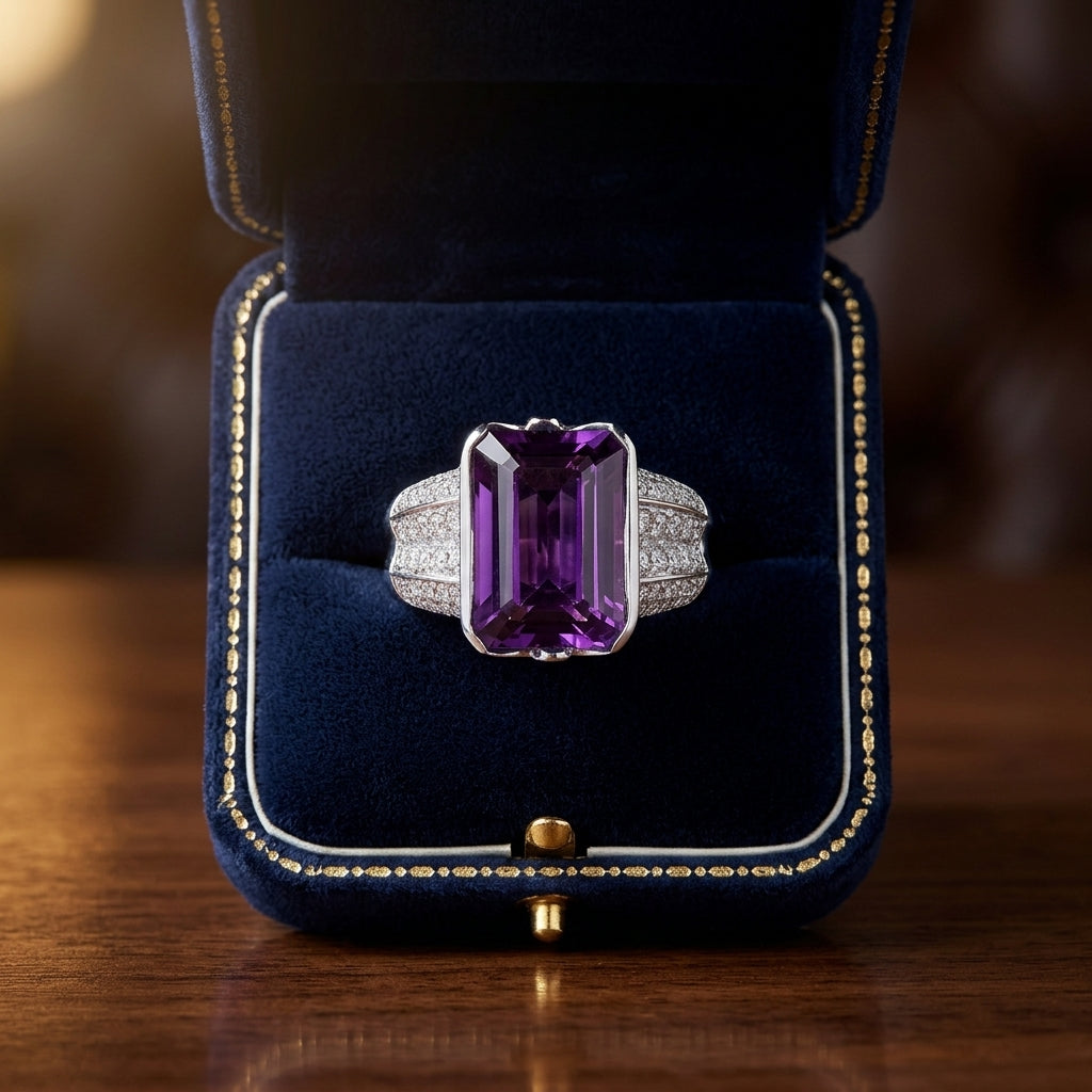 Amethyst And Diamond Semi Bezel Tulip Head Ring In 14k White Gold (0.99 Ctw) — gift presentation