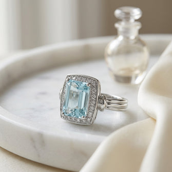 Aquamarine And Diamond  Emerald Cut Halo Ring In 14k White Gold (size 6.0) — atelier still life