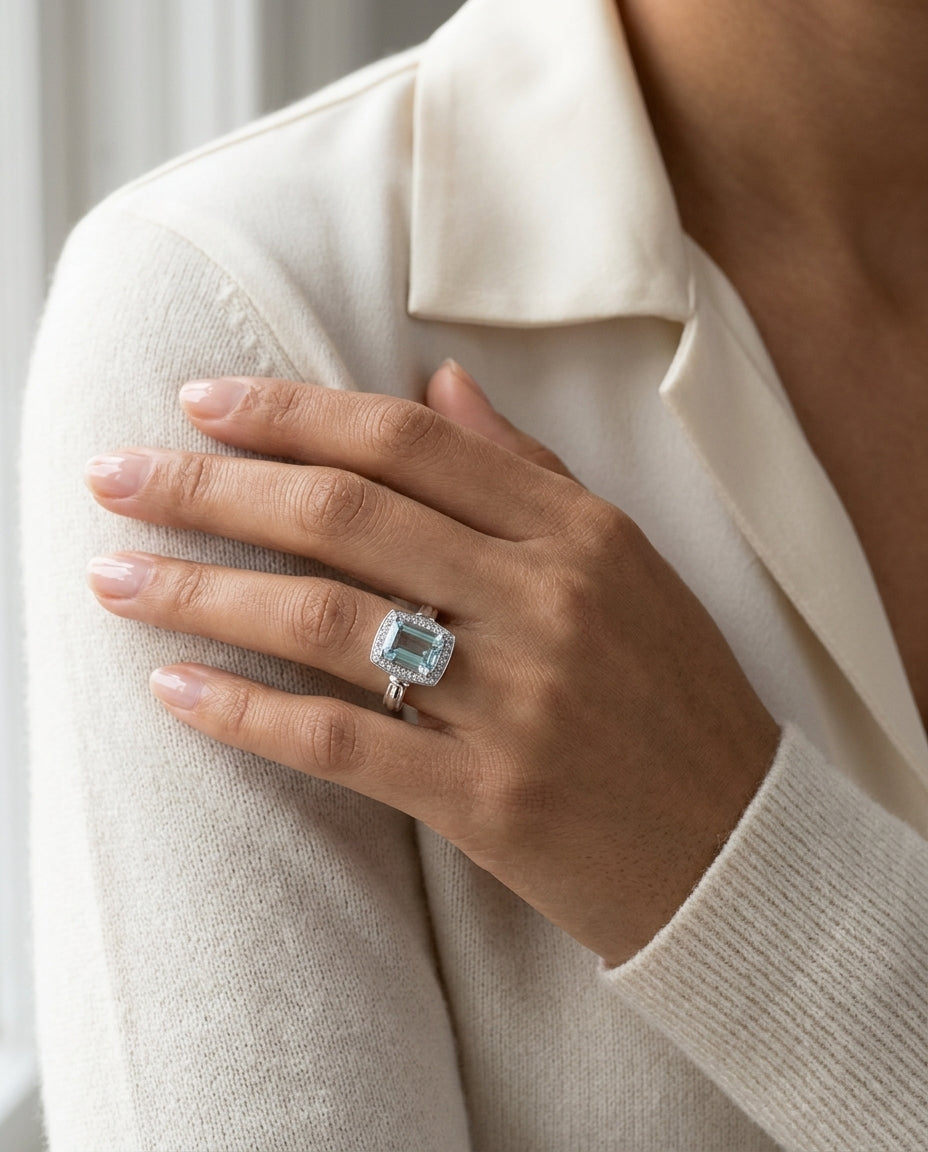 Aquamarine And Diamond  Emerald Cut Halo Ring In 14k White Gold (size 6.0) — editorial close-up