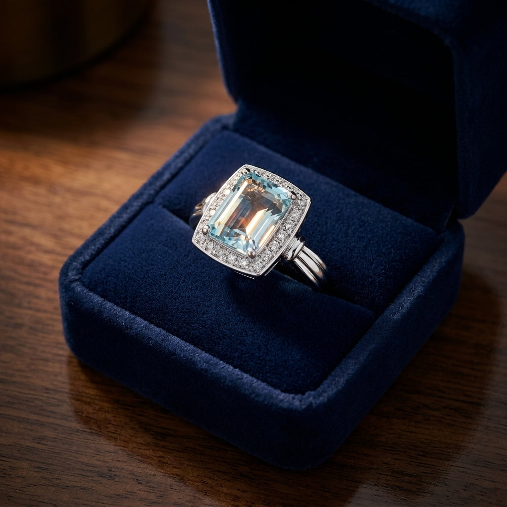 Aquamarine And Diamond  Emerald Cut Halo Ring In 14k White Gold (size 6.0) — gift presentation