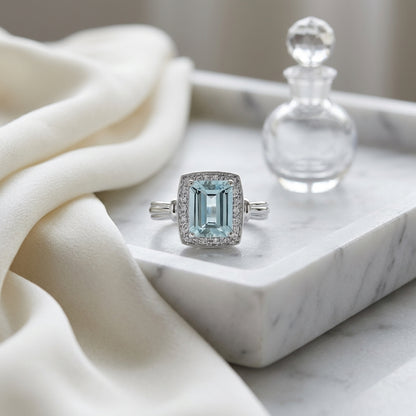 Aquamarine & Diamond  Emerald Cut Halo In 14k White Gold — atelier still life