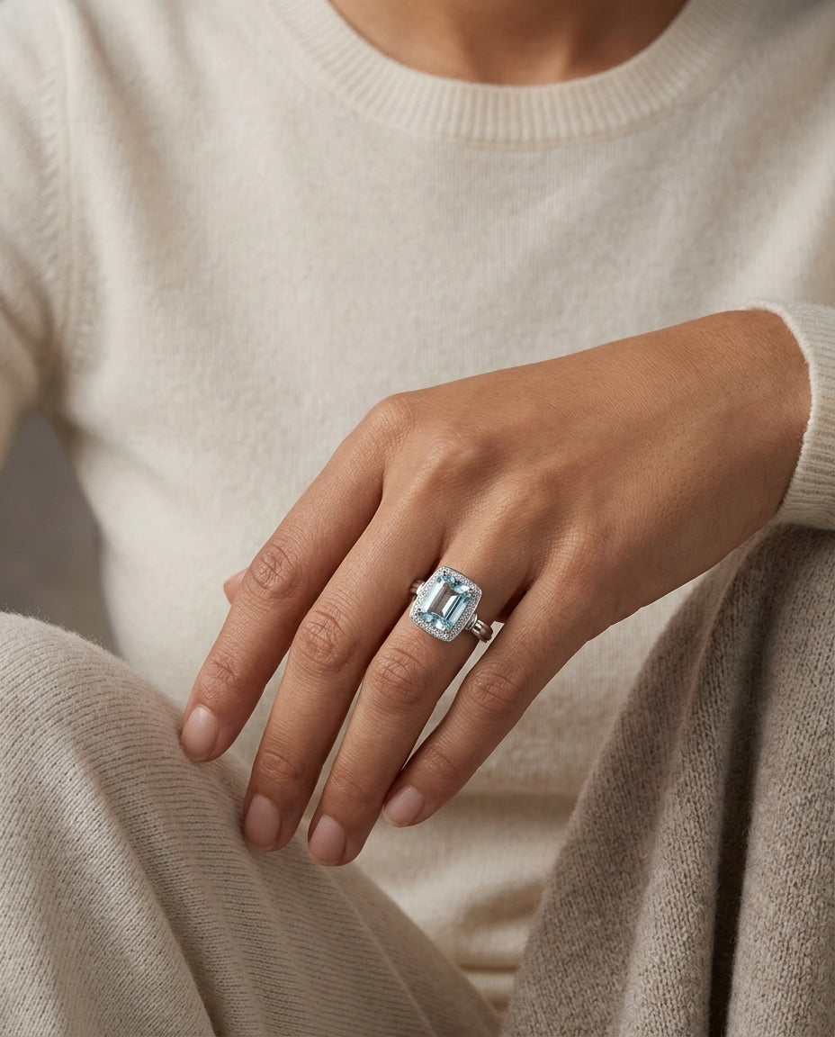 Aquamarine & Diamond  Emerald Cut Halo In 14k White Gold — editorial close-up