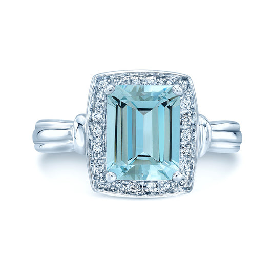 Aquamarine And Diamond  Emerald Cut Halo Ring In 14k White Gold (size 6.0)