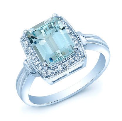 Aquamarine And Diamond  Emerald Cut Halo Ring In 14k White Gold (size 6.0)