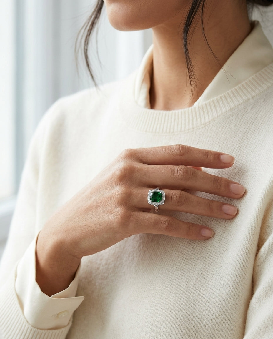 Tsavorite And Diamond Rectangle Platform Ring In 14k White Gold — editorial close-up