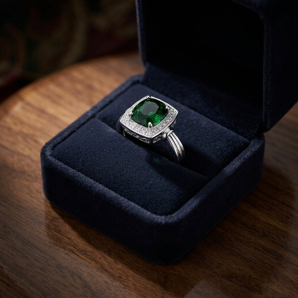 Tsavorite And Diamond Rectangle Platform Ring In 14k White Gold — gift presentation