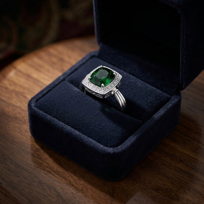 Tsavorite And Diamond Rectangle Platform Ring In 14k White Gold — gift presentation