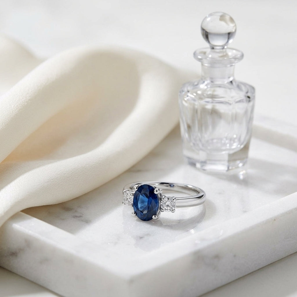 Oval Sapphire And Diamond 3 Stone Ring In 14k White Gold — atelier still life