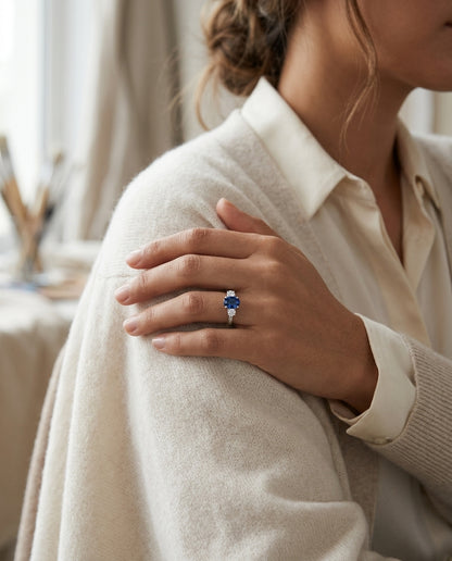 Oval Sapphire And Diamond 3 Stone Ring In 14k White Gold — editorial close-up