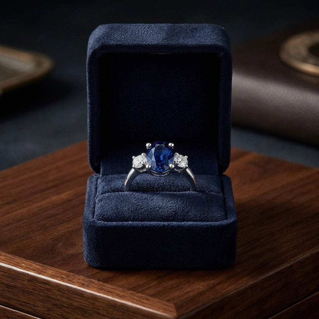 Oval Sapphire And Diamond 3 Stone Ring In 14k White Gold — gift presentation