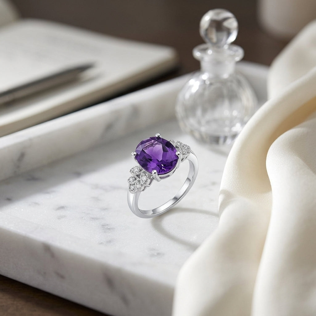Oval Amethyst & Diamond Ring In 14k White Gold — atelier still life