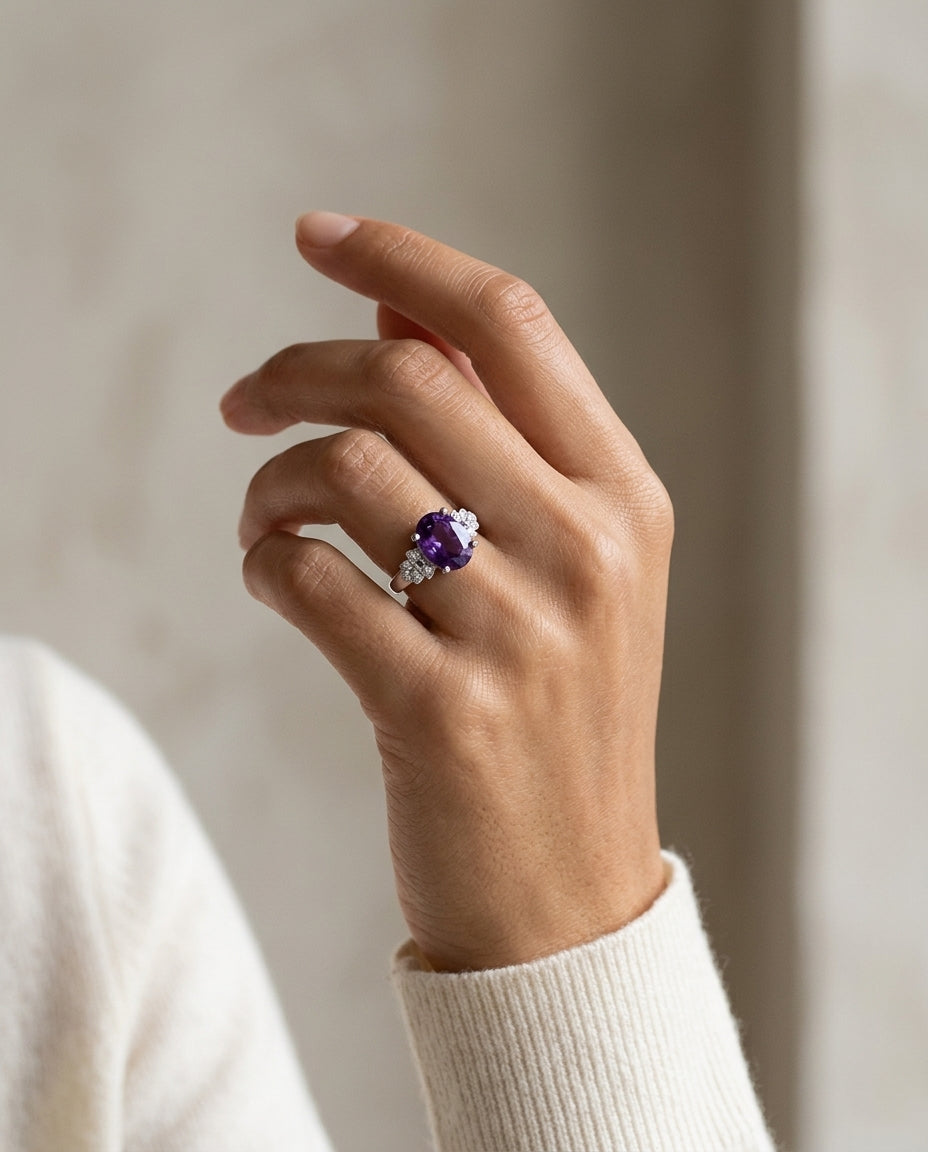 Oval Amethyst & Diamond Ring In 14k White Gold — editorial close-up