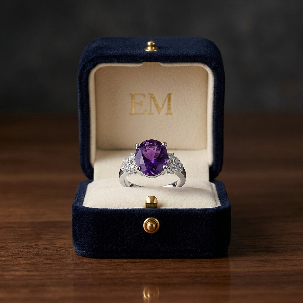Oval Amethyst & Diamond Ring In 14k White Gold — gift presentation