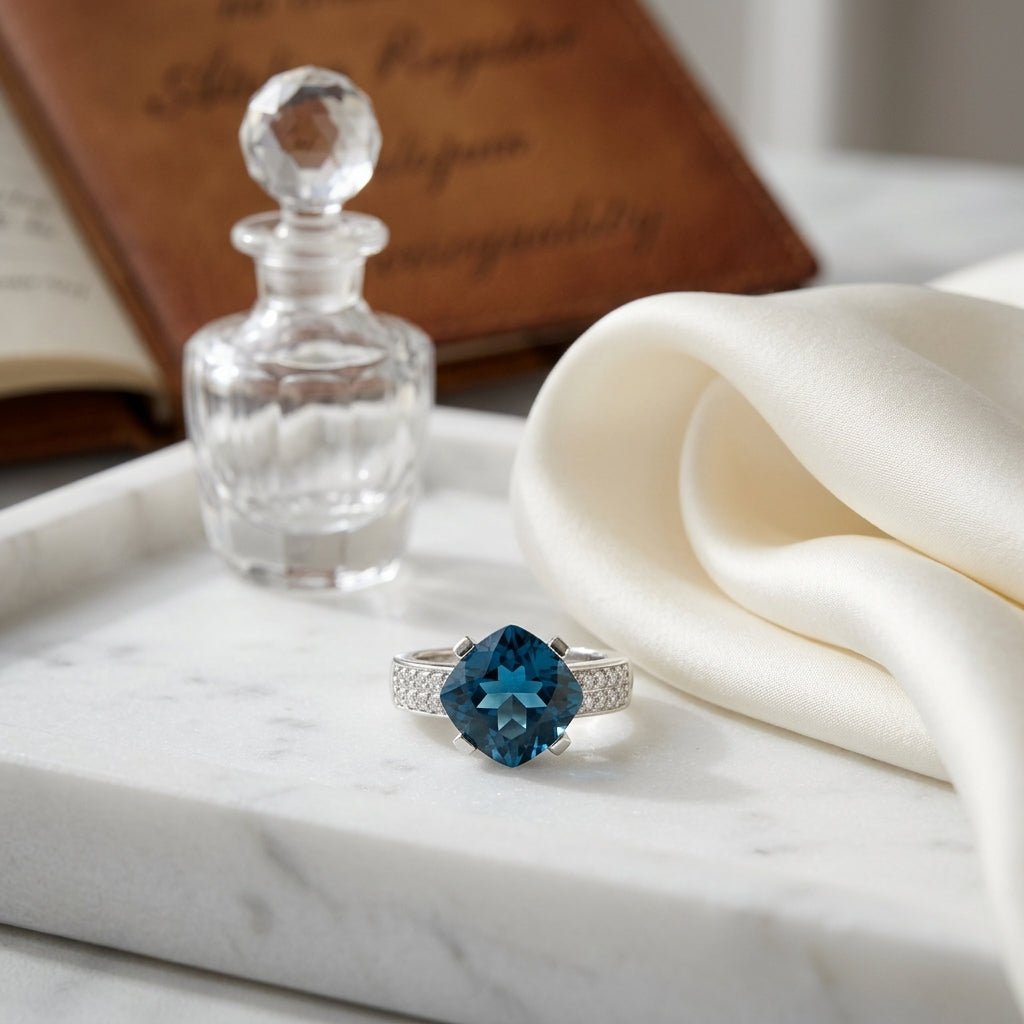 London Blue Topaz And Diamond Cushion Kite Ring In 14k White Gold 0.25ctw — atelier still life