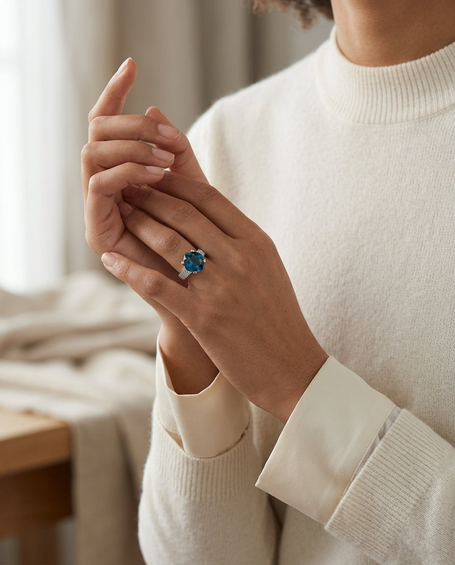 London Blue Topaz And Diamond Cushion Kite Ring In 14k White Gold 0.25ctw — editorial close-up