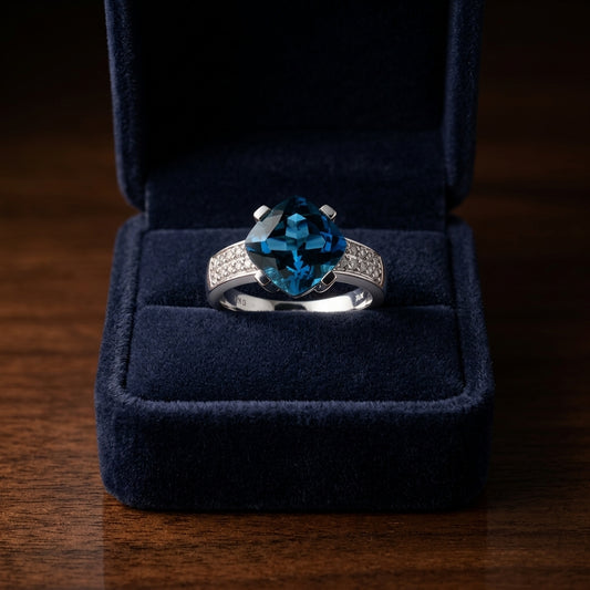 London Blue Topaz And Diamond Cushion Kite Ring In 14k White Gold 0.25ctw — gift presentation
