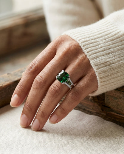 Created Emerald And Diamond Ring In 14k White Gold — editorial close-up