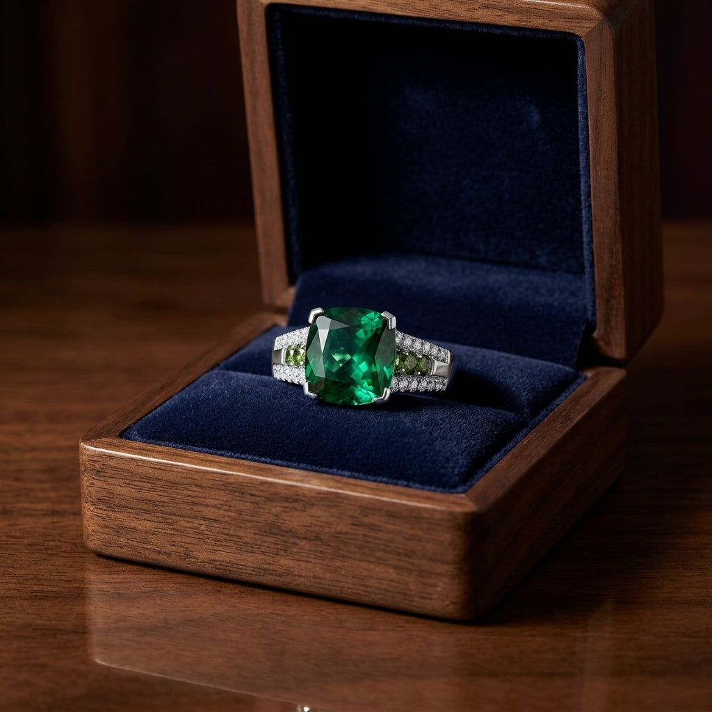 Created Emerald And Diamond Ring In 14k White Gold — gift presentation