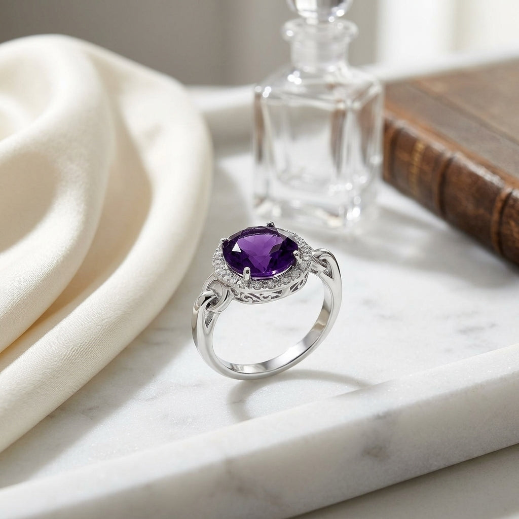 14k White Gold Equestrian Amethyst Ring With Diamonds — atelier still life