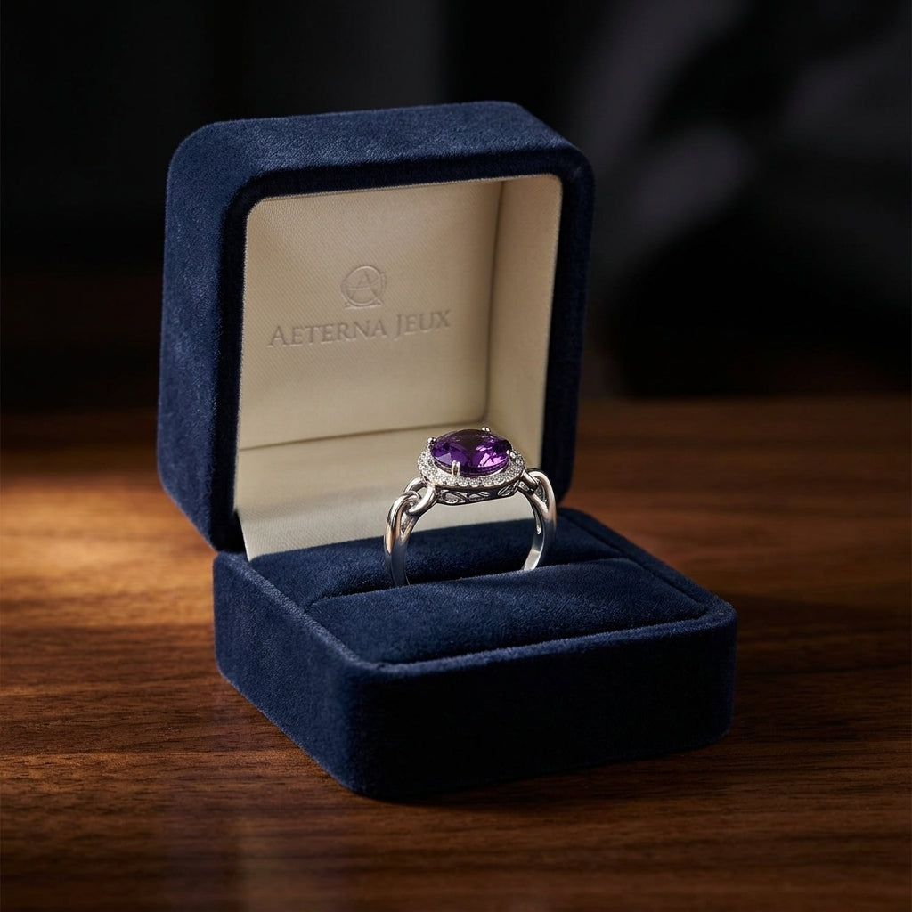 14k White Gold Equestrian Amethyst Ring With Diamonds — gift presentation