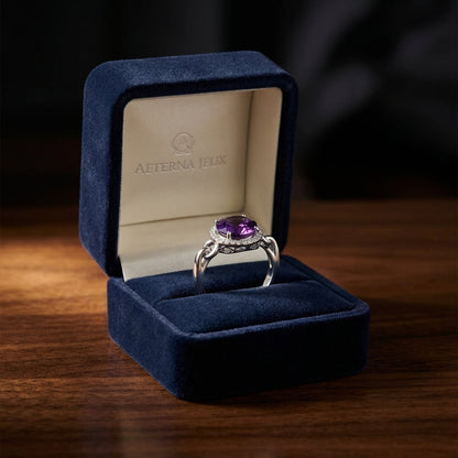14k White Gold Equestrian Amethyst Ring With Diamonds — gift presentation