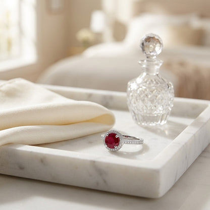 Ruby And Diamond Pave Halo Ring 14k White Gold — marble silk