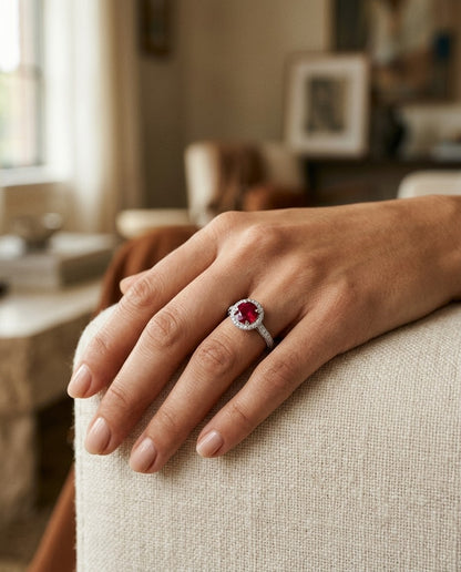 Ruby And Diamond Pave Halo Ring 14k White Gold — portrait close