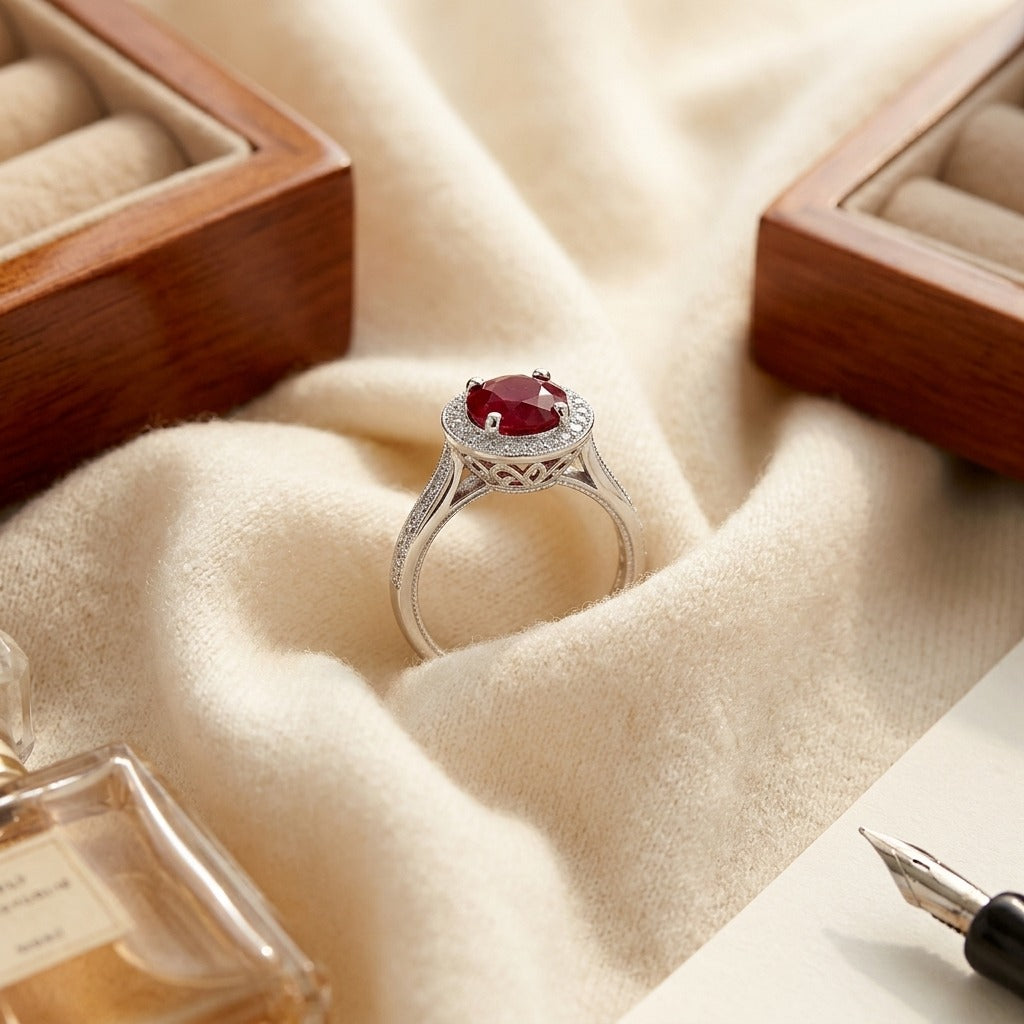 Ruby And Diamond Pave Halo Ring 14k White Gold — textile flat lay