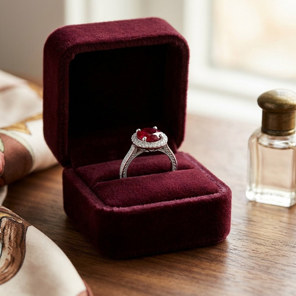 Ruby And Diamond Pave Halo Ring 14k White Gold — velvet box