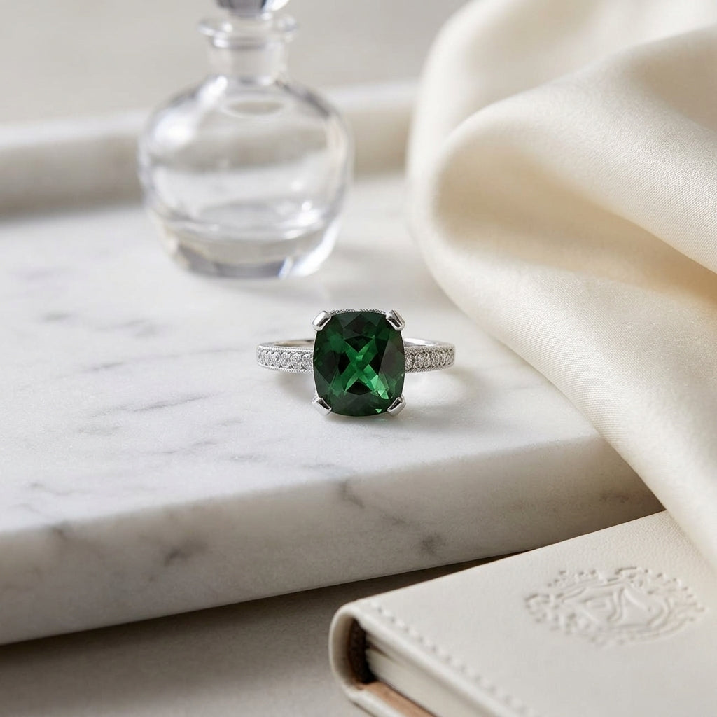 Green Tourmaline And Diamond Filigree Ring In 14k White Gold — atelier still life