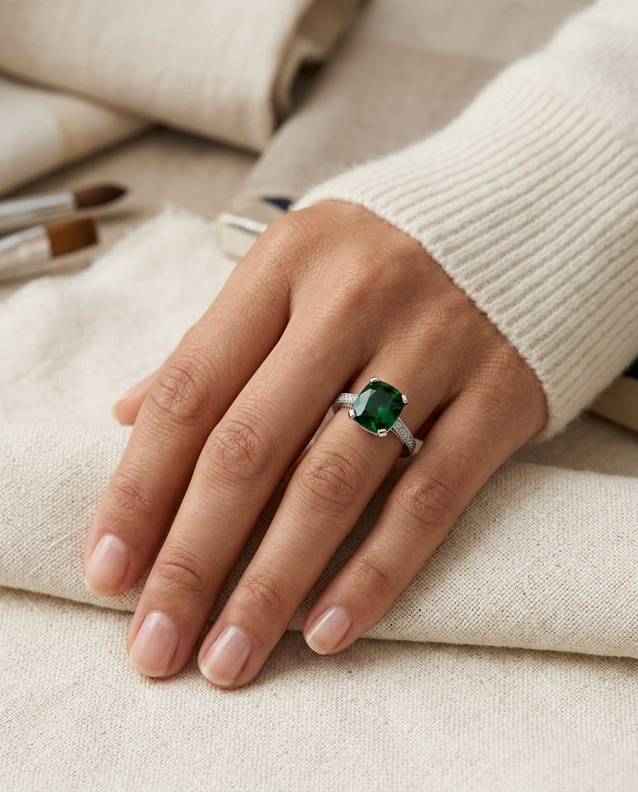 Green Tourmaline And Diamond Filigree Ring In 14k White Gold — editorial close-up