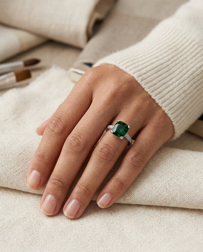Green Tourmaline And Diamond Filigree Ring In 14k White Gold — editorial close-up