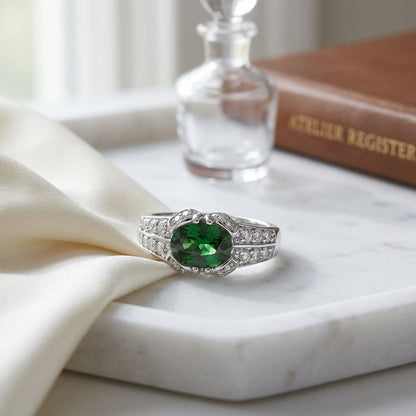 Tsavorite And Diamond Sideway Oval Double Row Shank Ring In 14k White Gold — atelier still life