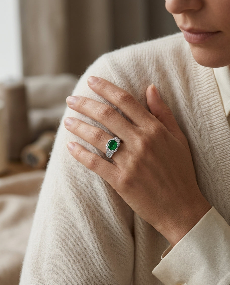 Tsavorite And Diamond Sideway Oval Double Row Shank Ring In 14k White Gold — editorial close-up