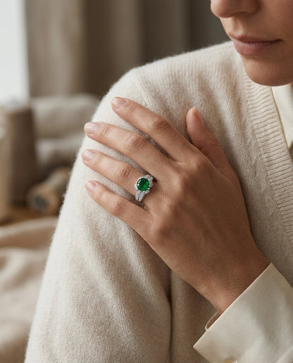 Tsavorite And Diamond Sideway Oval Double Row Shank Ring In 14k White Gold — editorial close-up