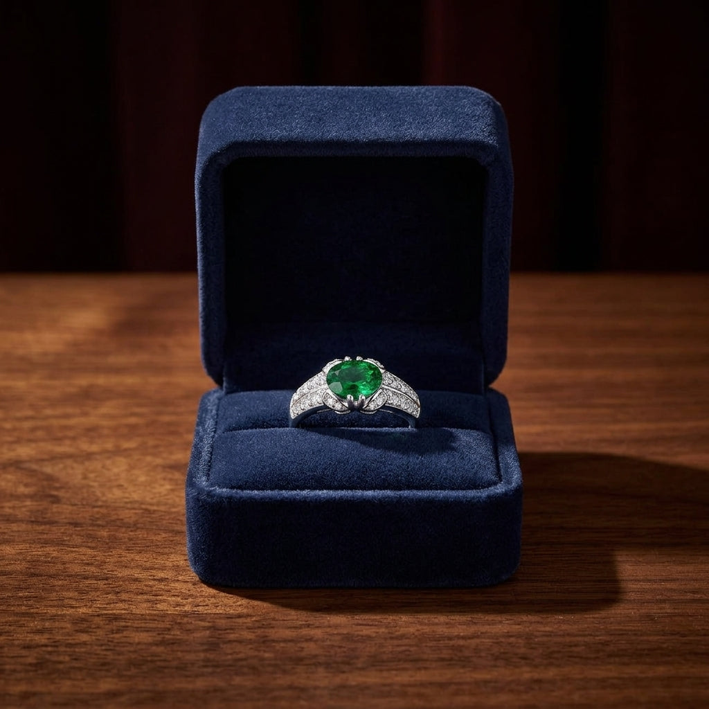 Tsavorite And Diamond Sideway Oval Double Row Shank Ring In 14k White Gold — gift presentation