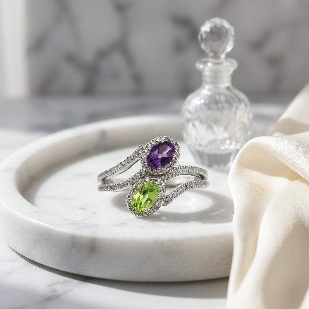 Peridot & Amethyst Oval Halo Duo Ring With Pave Split Shank In 14k White Gold (6x4mm) — atelier still life
