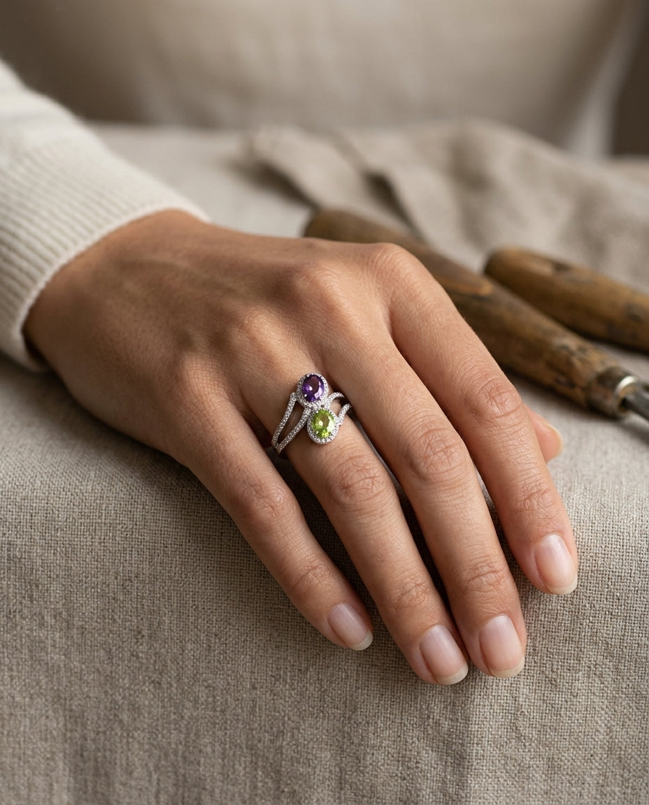 Peridot & Amethyst Oval Halo Duo Ring With Pave Split Shank In 14k White Gold (6x4mm) — editorial close-up