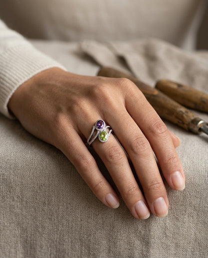 Peridot & Amethyst Oval Halo Duo Ring With Pave Split Shank In 14k White Gold (6x4mm) — editorial close-up