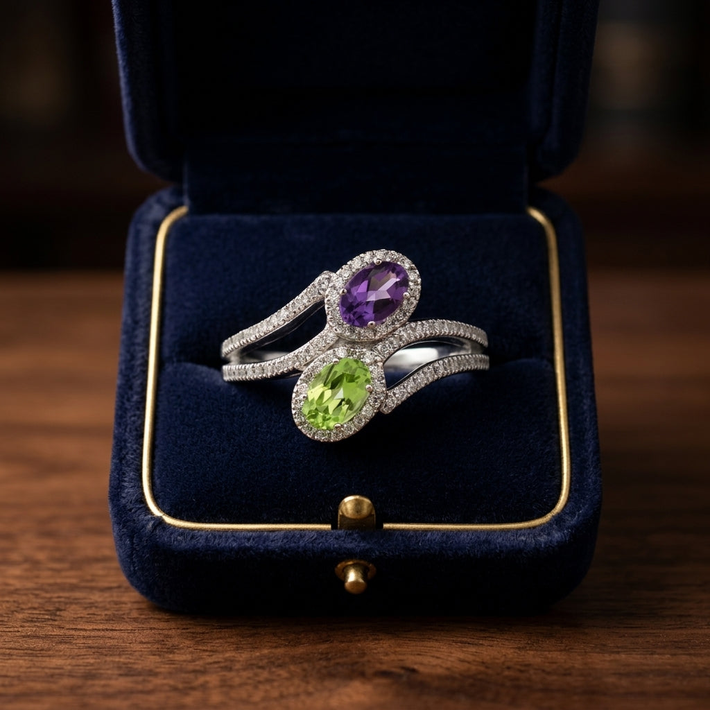 Peridot & Amethyst Oval Halo Duo Ring With Pave Split Shank In 14k White Gold (6x4mm) — gift presentation
