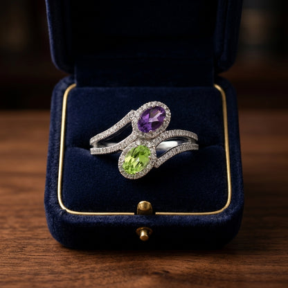 Peridot & Amethyst Oval Halo Duo Ring With Pave Split Shank In 14k White Gold (6x4mm) — gift presentation