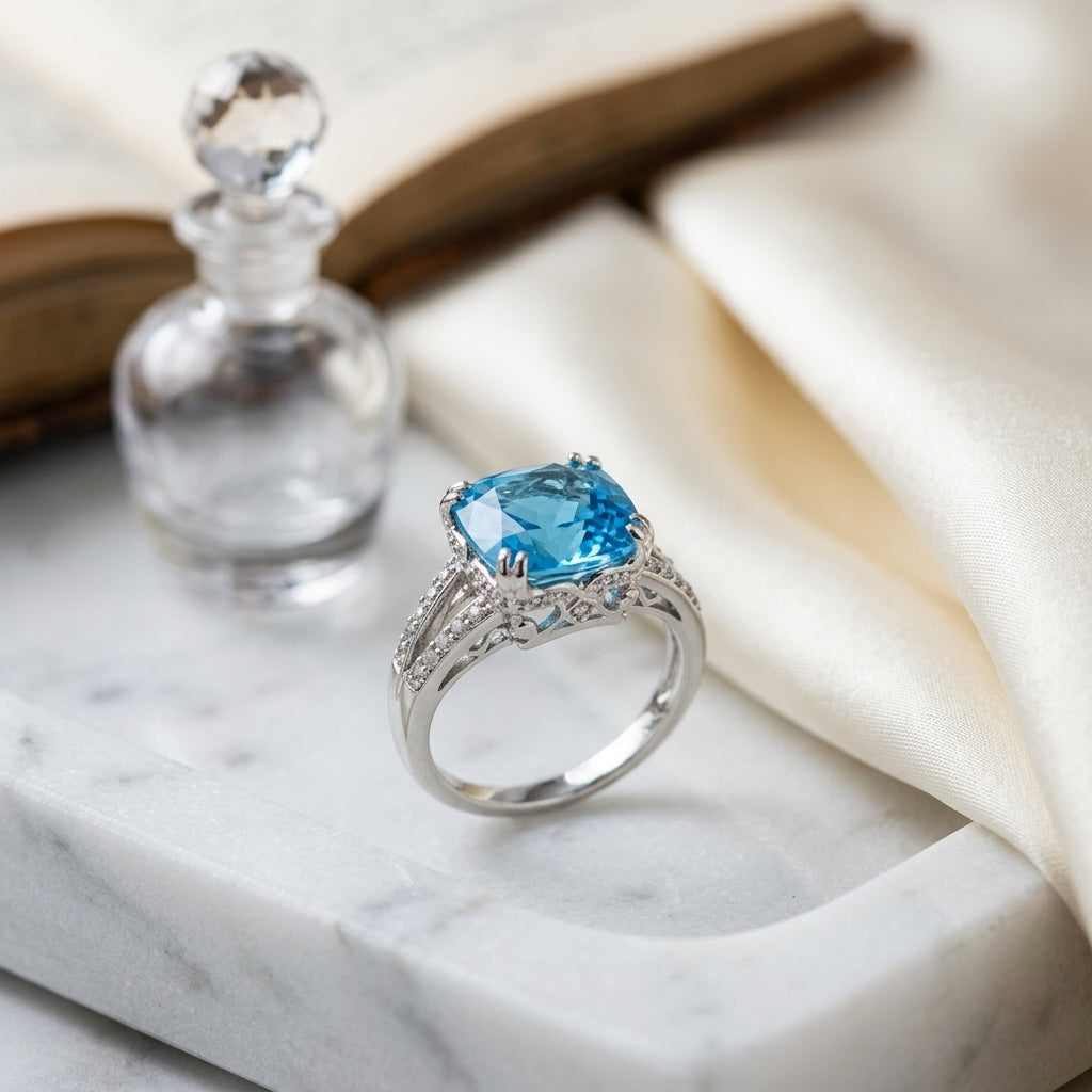 Blue Topaz Cushion & Diamond East/west Ring With Split Shank In 14k White Gold (10x8mm) — atelier still life