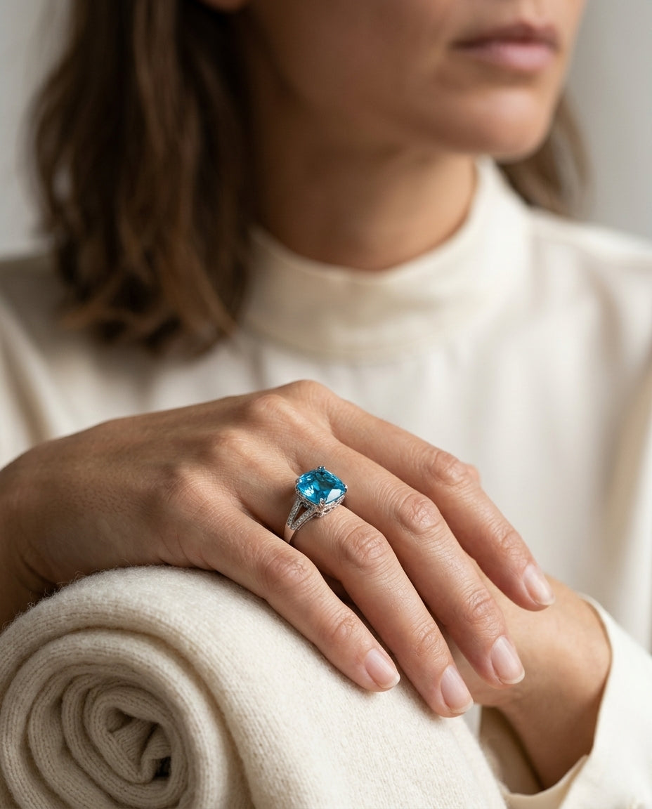 Blue Topaz Cushion & Diamond East/west Ring With Split Shank In 14k White Gold (10x8mm) — editorial close-up
