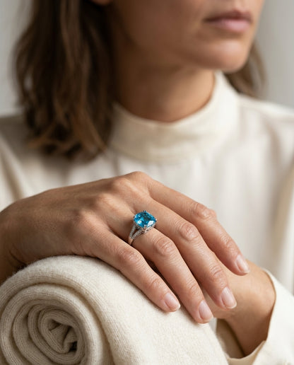 Blue Topaz Cushion & Diamond East/west Ring With Split Shank In 14k White Gold (10x8mm) — editorial close-up