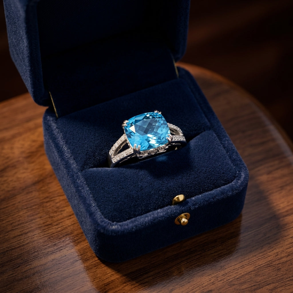 Blue Topaz Cushion & Diamond East/west Ring With Split Shank In 14k White Gold (10x8mm) — gift presentation
