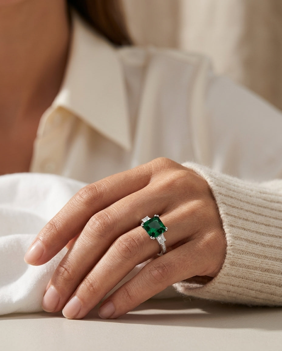 Green Tourmaline And Diamond Step Ring In 14k White Gold — editorial close-up