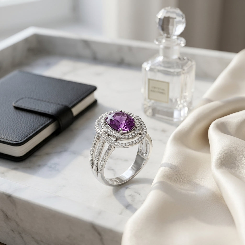 14k White Gold Double Halo Amethyst & Diamond Ring — atelier still life