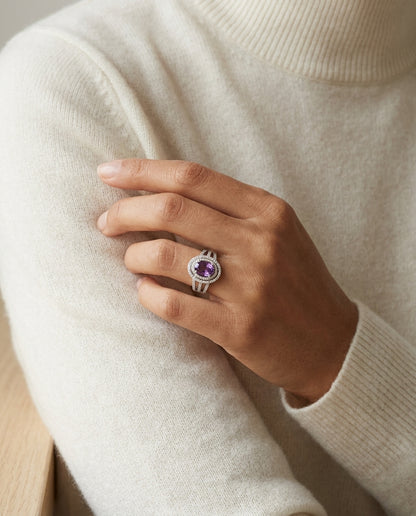 14k White Gold Double Halo Amethyst & Diamond Ring — editorial close-up