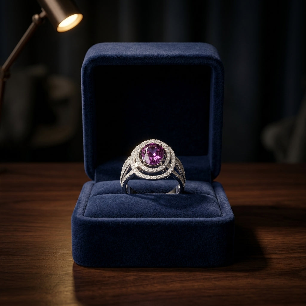 14k White Gold Double Halo Amethyst & Diamond Ring — gift presentation